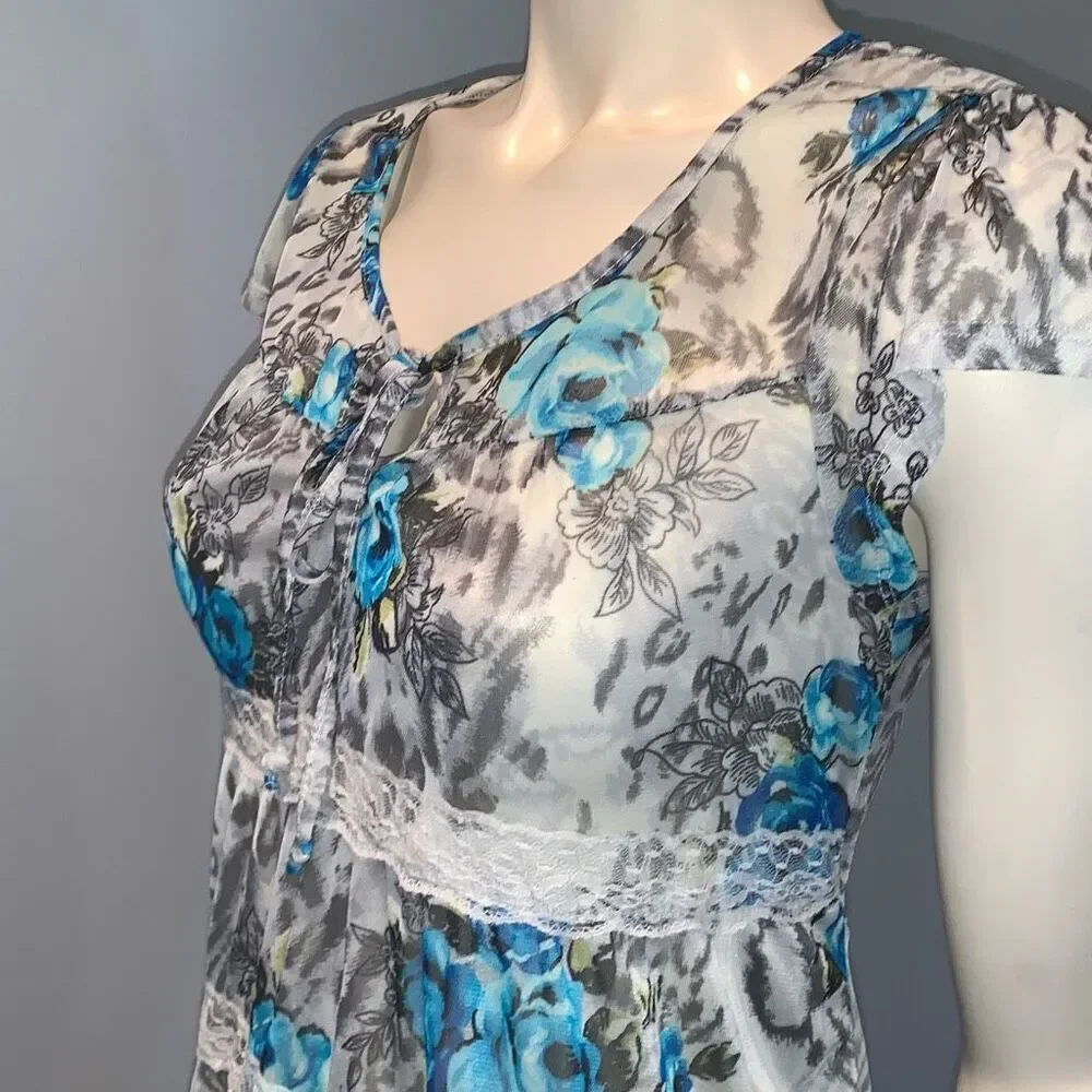 Vintage 90’s Y2K Self Esteem Sheer Chiffon Tiered‎ Lace Babydoll Top Size Large